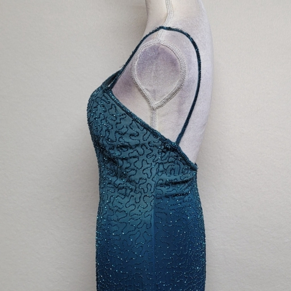 Laurence Kazar 90s Vintage Teal Ombre Beaded Silk Backless Maxi Formal Dress 8 - Picture 7 of 12
